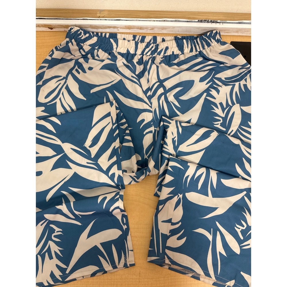 Shein Curve Blue White Tropical Palm Leaf Print Wide Leg Elastic Waist Pants 1XL